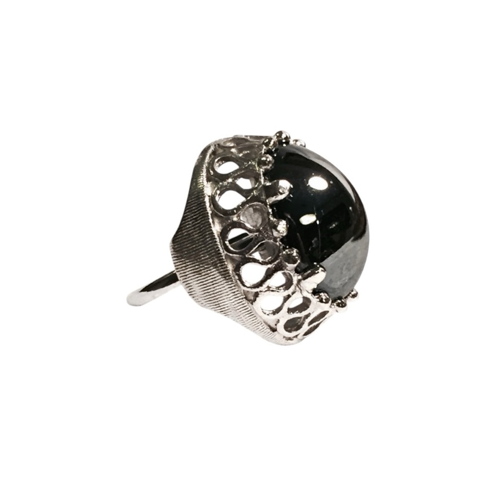 Vintage Rhinestone Black Silver Mirrored Style Ring